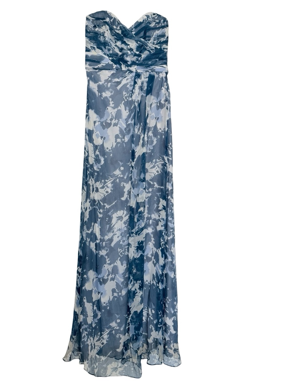 100% Silk Amsale Amore Chiffon Strapless Sweetheart Gown Blue Floral Size 4